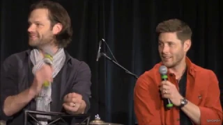 Jared giving his beanie to a fan (and his watch to Jensen)