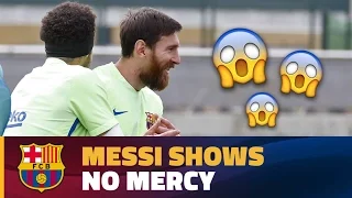 Leo Messi nutmegs his own teammate during a training drill