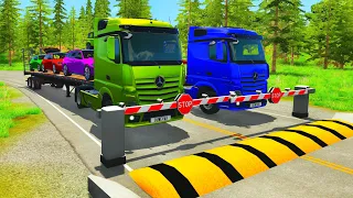 Double Flatbed Trailer Truck vs Speedbumps Train vs Cars Tractor vs Train BeamNG Drive #06
