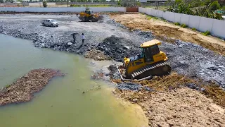 Excellent Techniques Filling Stone in Huge Lake by Bulldozer and Dump Truck Work Moving Stone