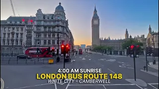 Double-decker Bus Ride through London at Sunrise: London Bus 148 from White City to Camberwell 🚌🌇