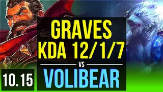GRAVES vs VOLIBEAR (JUNGLE) | KDA 12/1/7, Triple Kill, 500+ games | KR Challenger | v10.15