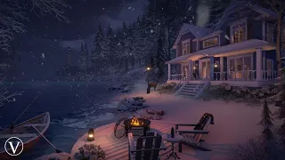 White Pines Winter Cottage | Night Ambience | Firepit, Snow, Blizzard & Coastal Nature Sounds
