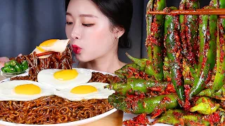 ASMR * SPICY CHILI KIMCHI 🌶 BLACK BEAN NOODLES X3 (CHAPAGETTI) EXTRA SPICY CHILIES MUKBANG