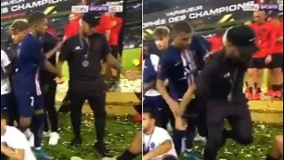 Kylian Mbappe visibly pushes Neymar out of PSG's Super Cup celebrations