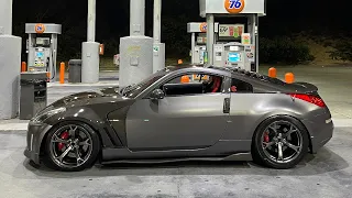 Taking My Single Turbo 350z to a Car Meet FULL OF COPS + GTR Shooting MASSIVE FLAMES!!