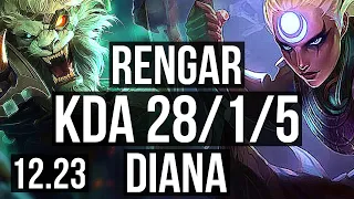 RENGAR vs DIANA (JNG) | 28/1/5, Legendary, Rank 5 Rengar, 7 solo kills | EUW Challenger | 12.23