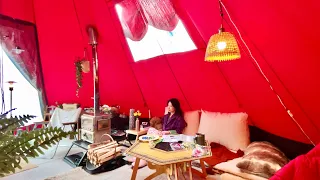 Camping in the SNOW with RED TENT | Decorating a tent | Everything is red, More red, Hotter! | TMI