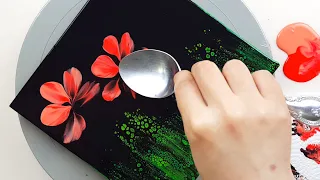 (510) Red flowers garden | Silicone oil | Fluid Acrylic Pouring for beginners | Designer Gemma77