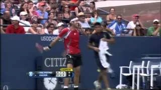 Tennis Ball Clearly Going Out Hits Net Post and Stays In Play (2012 US Open)