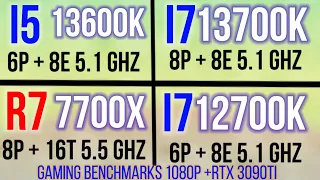 I5 13600K VS  I7 13700K vs R7 7700X  VS I7 12700K vs I5 12600K 1080p gaming benchmarks + RTX 3090Ti