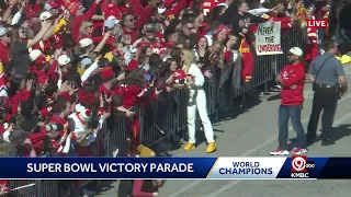Brittany Mahomes celebrates with fans during Super Bowl parade