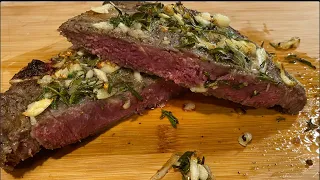 AIR FRYER STEAK WITH GARLIC HERB BUTTER.