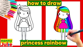 How to draw a cute kawaii RAINBOW PRINCESS | Preschool drawing | Nanny Julie