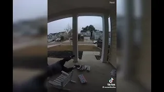 Domino delivery lady fall on the porch