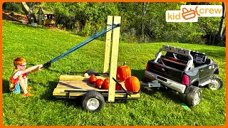 Flying pumpkin delivery with ride on truck and trailer. Educational pumpkin chunking | Kid Crew