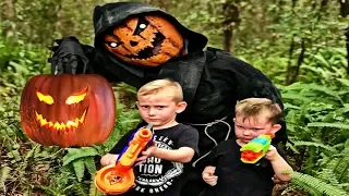 Halloween Pumpkin Nerf War!! Jack O' Lantern Comes To Life!!!