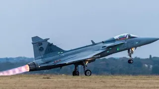 Gripen-SAAF (South African Air Force) 2 Squadron dusk display full afterburner.