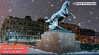 Snowfall on April  in St  Petersburg Walk along Nevsky Prospekt