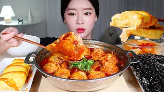 ASMR * SPICY FIRE DUMPLING HOT POT(MANDU JEONGOL)🔥 CHEESE EGG ROLL & KIMCHI & SEAWEED & RICE MUKBANG