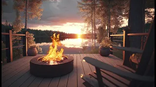 Escape to a Lakeside Cabin: Sit by Crackling Fire on Serene Lake at Sunset with Soothing Wave Sounds