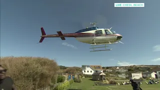 Helicopter lands during John Tarode's cooking at Chisel Beach - 23rd Aug 2019