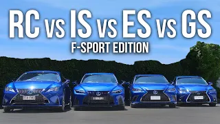 NEW LEXUS RC350 vs IS350 vs ES300H vs GS350 - F-SPORT SHOWDOWN - COMPREHENSIVE WALK AROUND REVIEW