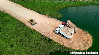 New Update Processing Connecting New Road In Water Bulldozer Spreading And Dump Truck Dumping Stone