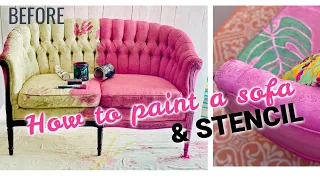 How to paint a Sofa thrift store couch, keep the fabric soft, add Stencils and blend!
