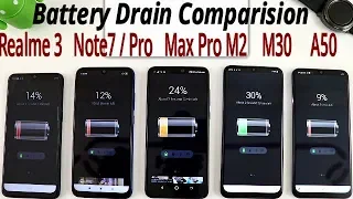Realme 3 Vs Redmi Note 7/ Pro vs Samsung A50 Vs Samsung M30 Vs Max Pro M2 Battery Drain Test