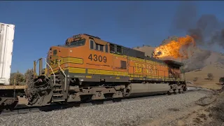 TRAIN ON FIRE!!! BNSF RAILWAY DPU catches fire in Tehachapi! Full Video with footage of firefight !!