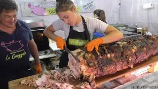 Street Food Fest in Italy. Burgers, Roasted Pork, Chickpea Flour, Handmade Cheese, Skewers