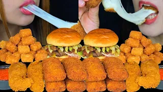 ASMR FRIED FOOD FEAST! GIANT CHEESY MOZZARELLA STICKS, BACON CHEESEBURGERS, FRIED CHICKEN, TATER TOT