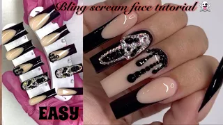 Spooky Bling Scream Face Nails 👻| Bling Nail Art | Gel x nail Design