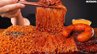 острые грибы и лапша, колбаса Spicy Fire Noodles & Enoki mushroom, Sausage EATING ASMR MUKBANG