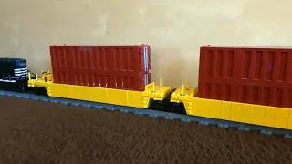 BlueBrixx / LEGO US double stack container multi unit cars pulled by a Norfolk Southern EMD GP40-2