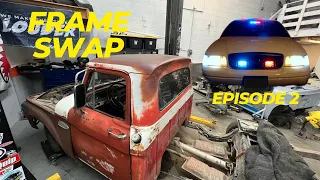 Crown Vic frame swap episode 2| 1966 Ford F100 | setting the cab / metal in the eye