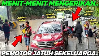 INNALILLAHI,. MENGERIKAN !!! Pemotor Terpeleset Jatuh Ke Beton, Cuaca Buruk Hujan Deras Jalan Licin