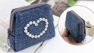 DIY Sweet Embellished Denim Coin Purse With Zipper Out of Old Jeans | Upcycled Craft