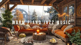 Stress Relief with Warm Piano Jazz Music and Gentle Snow Falling ☕Cozy Wooden Porch Ambience