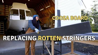 Replacing rotten stringers with COOSA board stringers!  SeaCamper houseboat renovation EPISODE 7