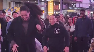 best times square performance ever (and a woman crashes in the middle of the party😂)