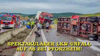 [ERSTVIDEO] Spektakulärer Lkw-Unfall auf A8 | Zugmaschine auf Leitplanken gehoben | Feuerwehr | Stau