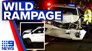 Toyota Hilux smashes into parked cars | 9 News Australia