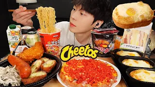 ASMR MUKBANG | Eating convenience store (Cheetos pizza, Tteokbokki, gimbap, cup ramen, fire noodles)