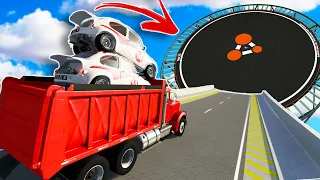 We Launched A DUMPTRUCK Full Of Cars To The SKY With A GIANT Trampoline! - BeamNG Multiplayer