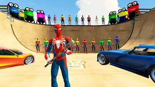 GTA 5 Spiderman Fun with Colored Minions,CRAZY RAMP RIDE #7 (Falls Ragdolls Moments)