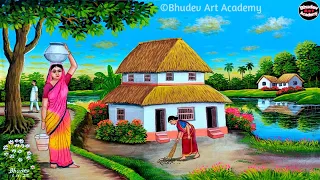 Beautiful Village Landscape Scenery Painting Tutorial|Village Scenery Painting With Earthwatercolor