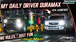 Outlaw Track Grudge Racing: 4x4 Launching My Duramax Tow Rig + Candyman vs Twin Turbo LSX CTS-V!