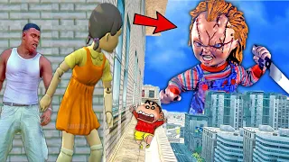 Franklin and Shinchan & Pinchan play HIDE AND KILL with Squid Game Doll In GTA 5